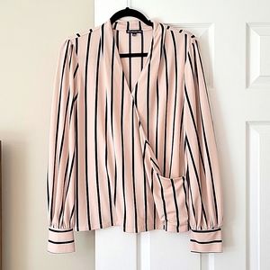 Adrianna Papell Blouse Pinkish Peach Black Stripes Faux Wrap Long Sleeve Large